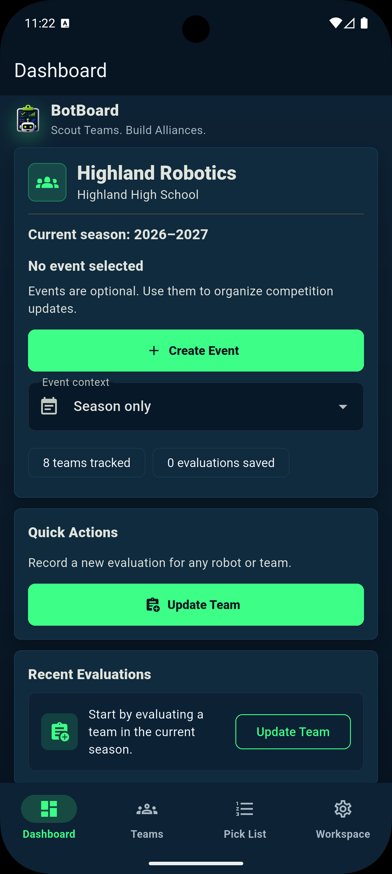 BotBoard dashboard showing Highland Robotics, the current season, tracked teams, and evaluation actions