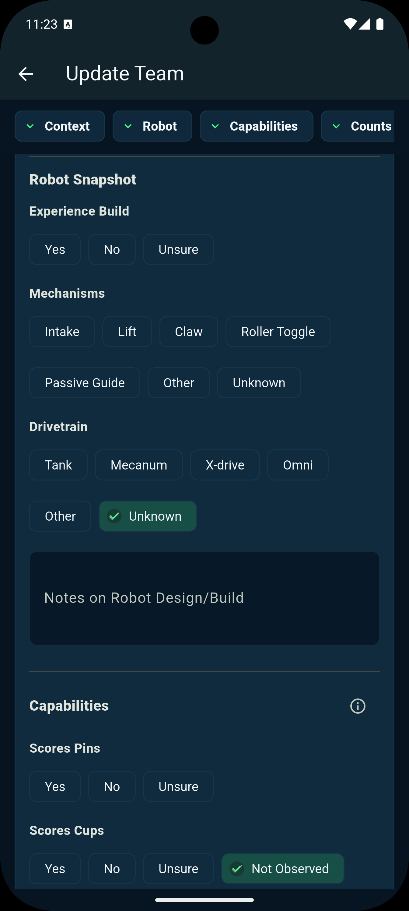 BotBoard team evaluation screen showing robot design and capability controls