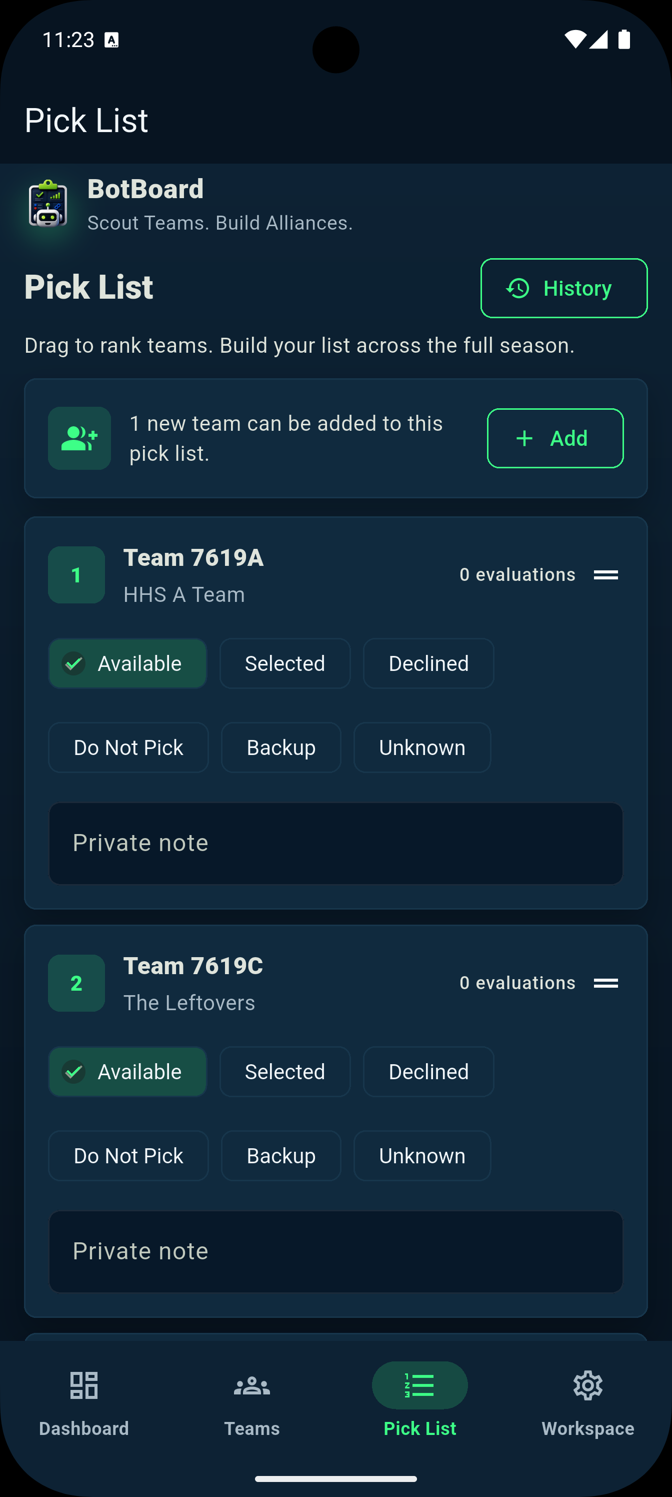 BotBoard Pick List screen showing ranked teams, availability, and private strategy notes