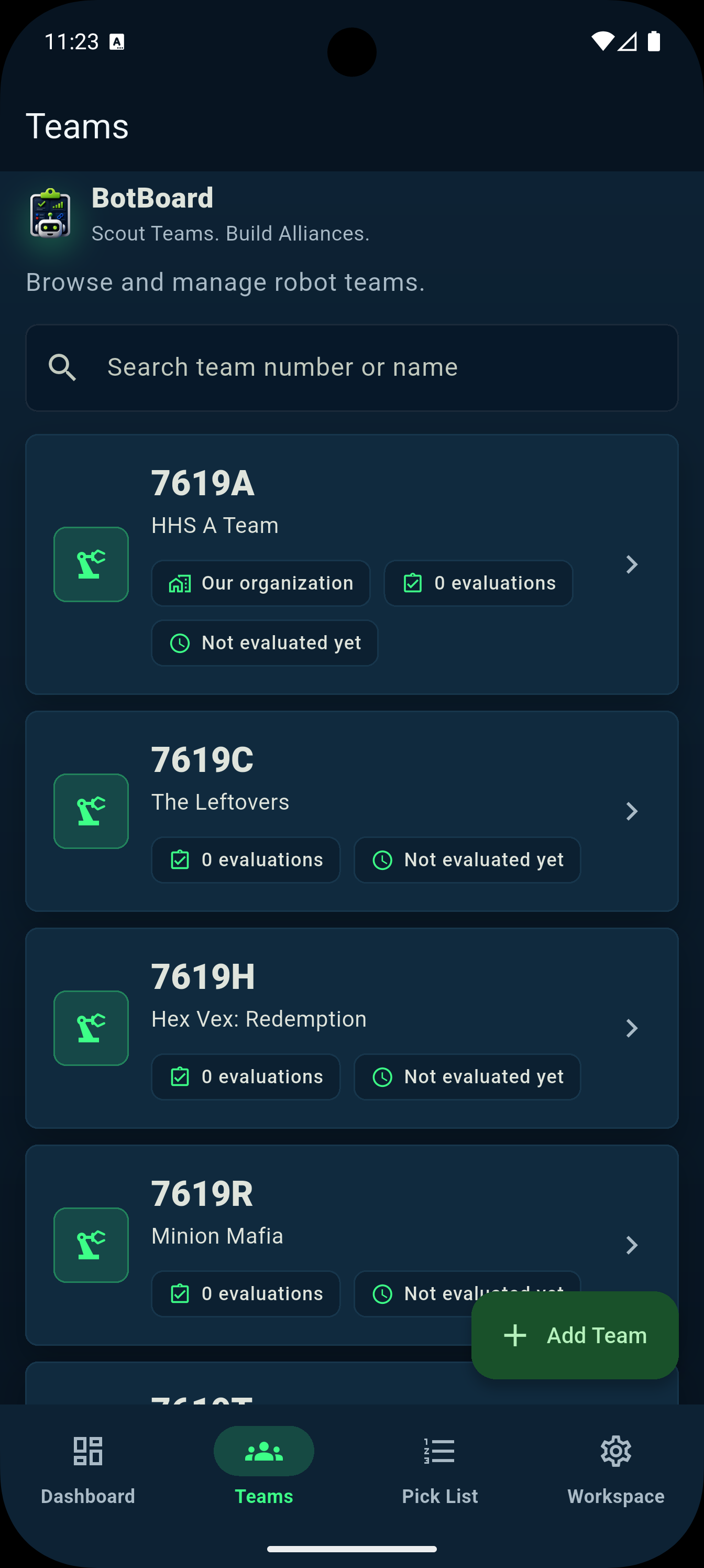 BotBoard Teams screen showing a searchable season-long robot team directory